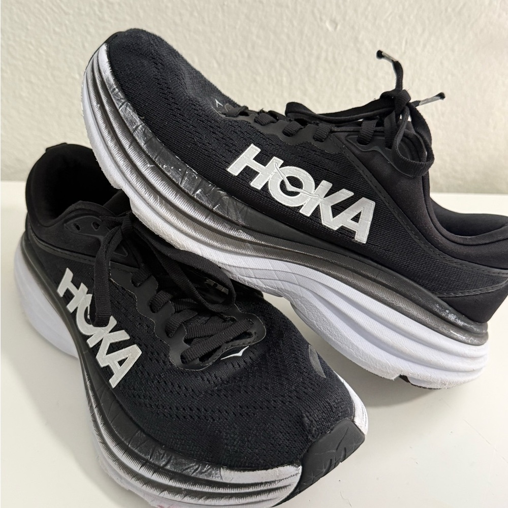 Hoka Bondi 8 Black and White Athletic Shoes - Picture 2 of 9
